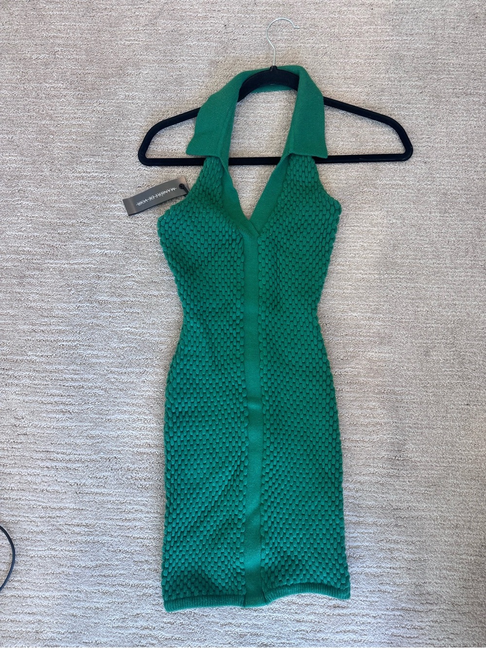 Maniere De Voir Emerald Green Textured Halter Knit Mini Dress